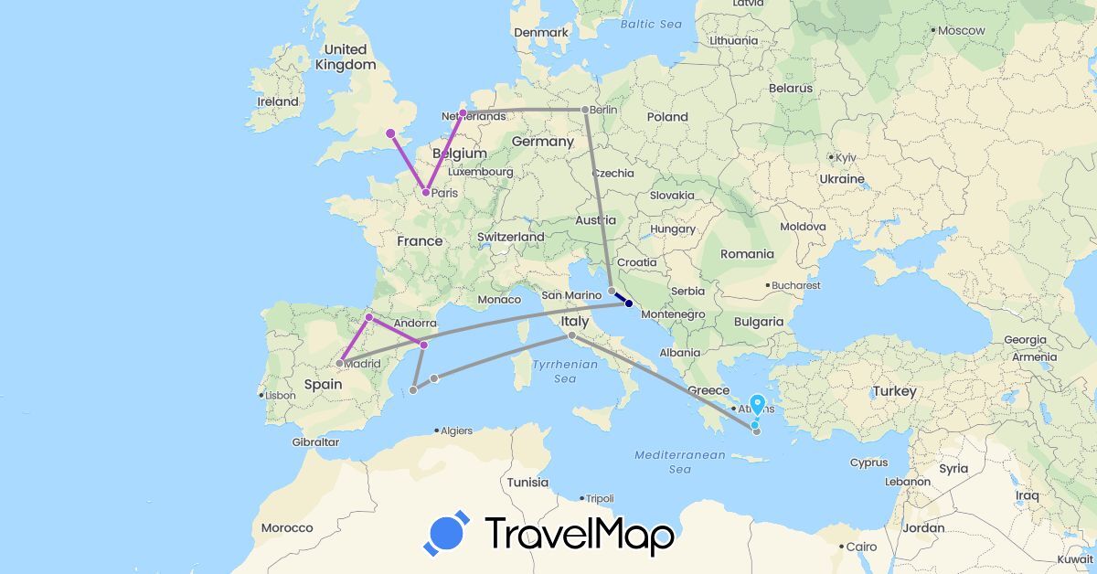 TravelMap itinerary: driving, plane, train, boat in Germany, Spain, France, United Kingdom, Greece, Croatia, Italy, Netherlands (Europe)